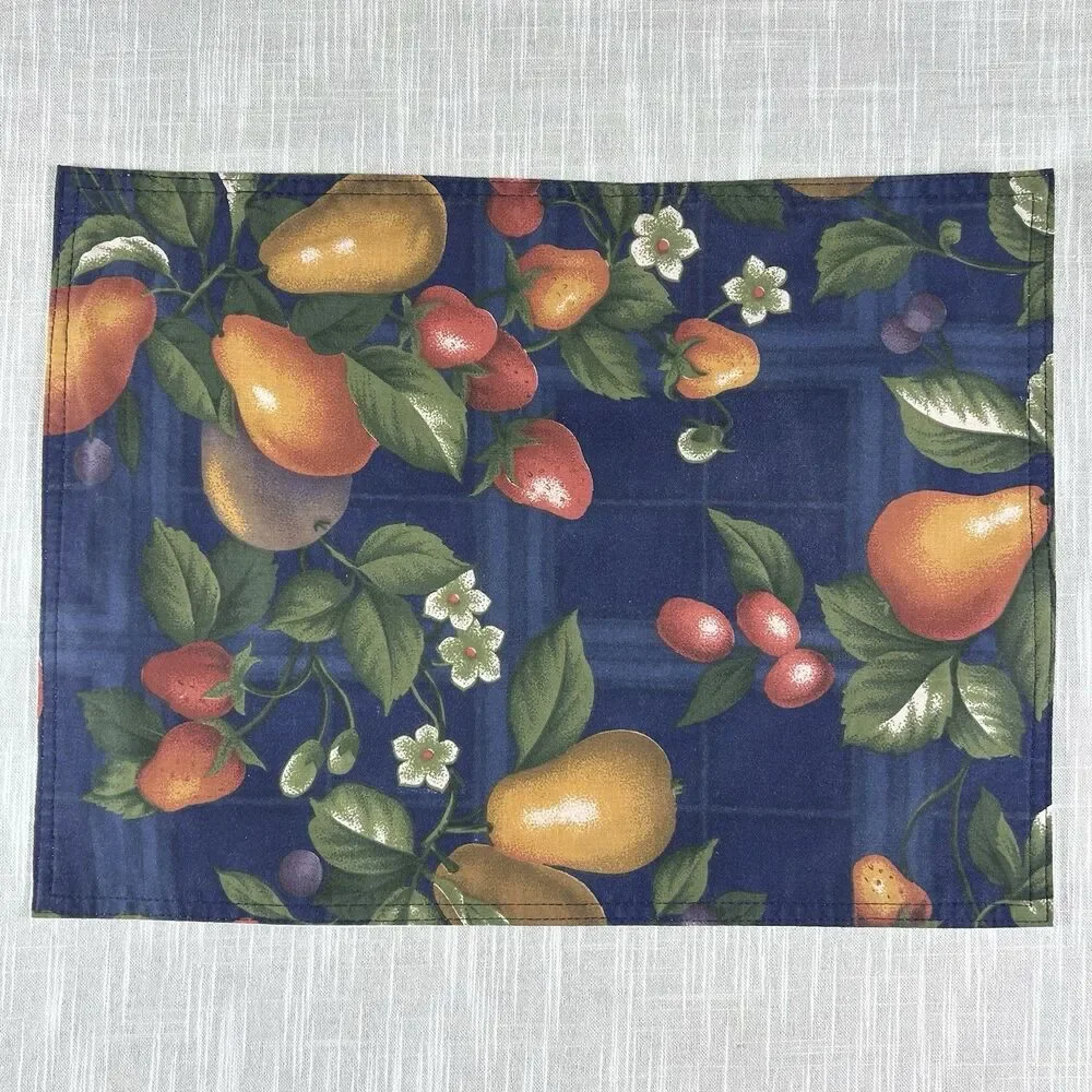 Vintage Handmade Placemats Set Of 4 Cranston Fruit Fabric Handmade MCM Blue